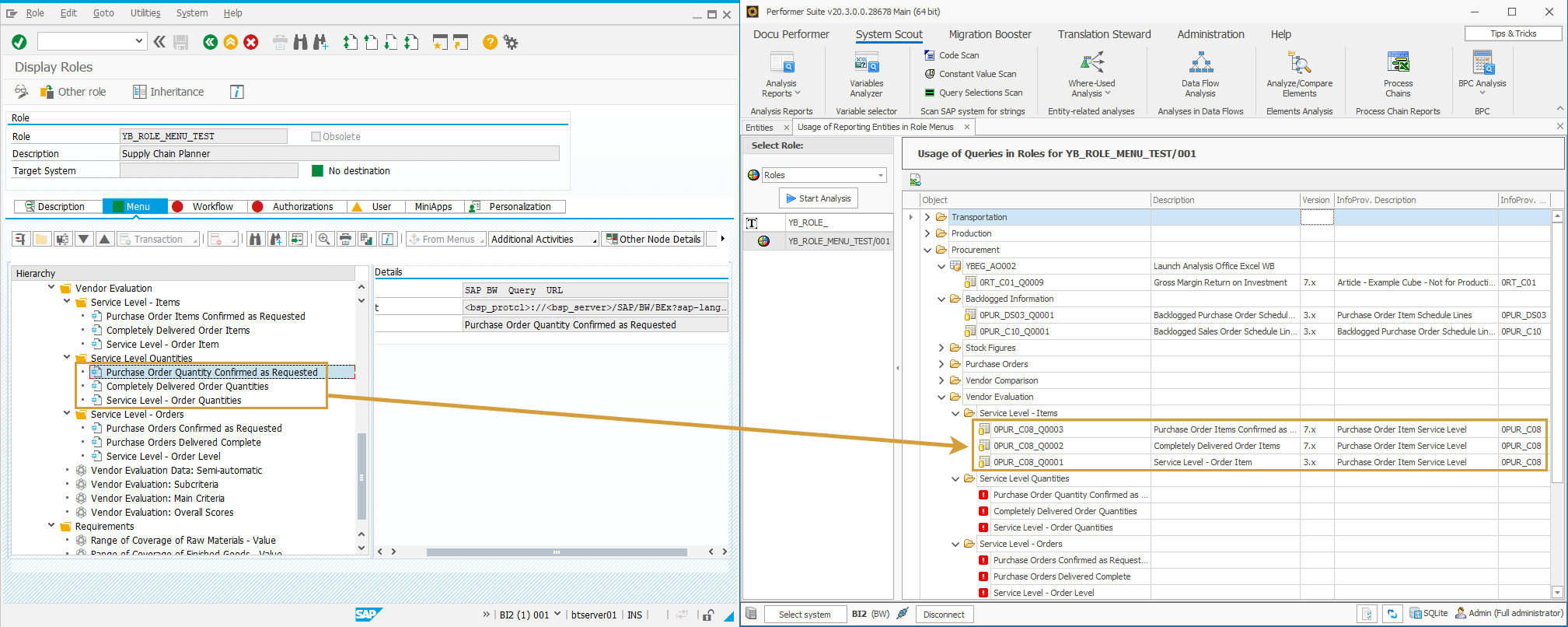 Comparison of the buildup of a role in SAP GUI and the System Scout